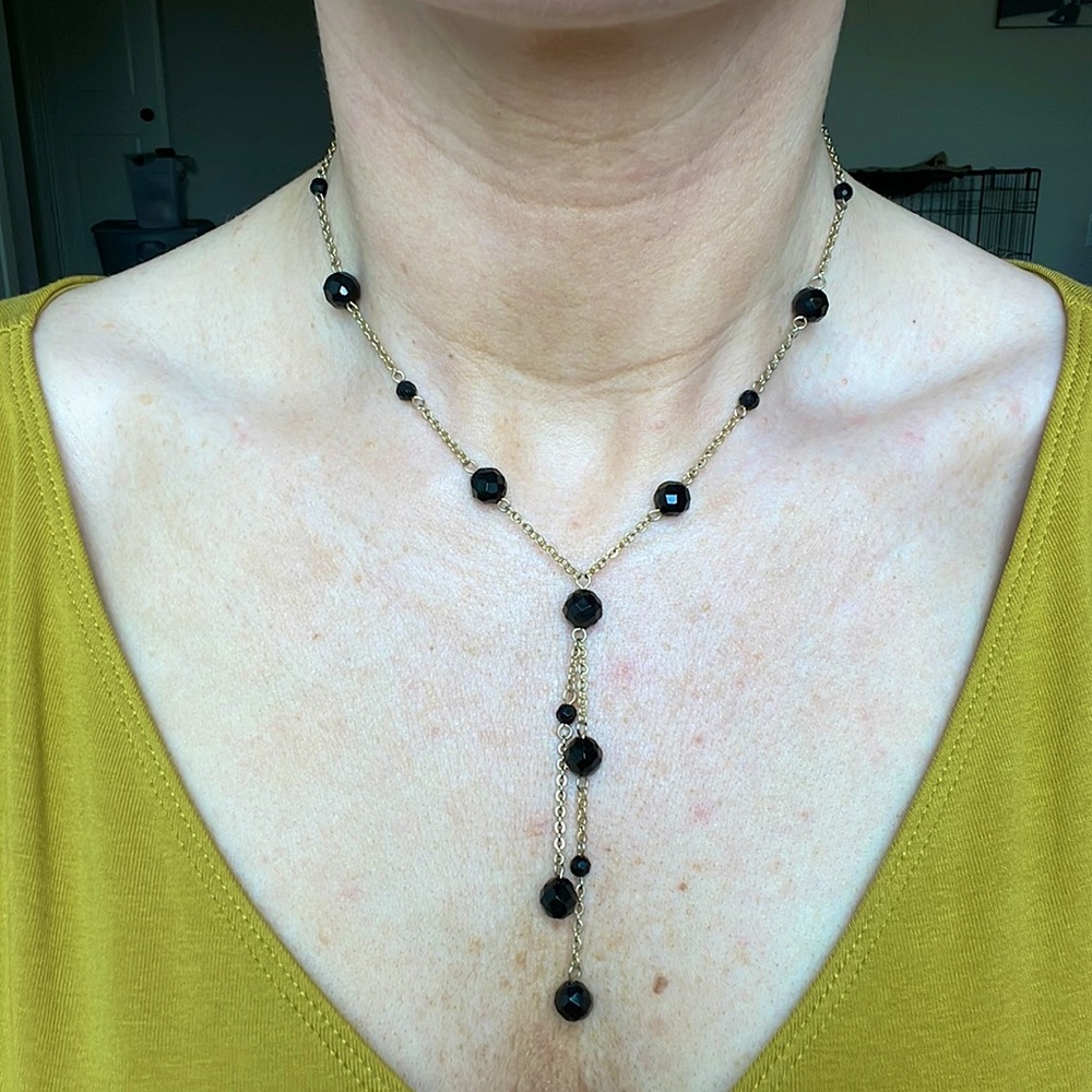 Gold Toned and Black Beaded Lariat Necklace